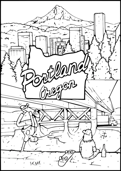 Portland, Oregon è messa in evidenza con uno sfondo del panorama della città e del Monte Hood. Un pattinatore sta eseguendo un trucco sotto un ponte, mentre un'altra persona siede nelle vicinanze con uno skateboard e una bottiglia. Il paesaggio include alberi ed elementi urbani. La scena cattura una combinazione di natura e vita urbana.