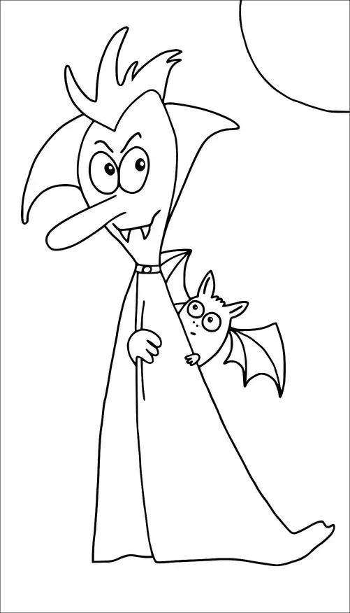 Un vampiro de dibujos animados con orejas puntiagudas y colmillos está echando un vistazo con una expresión traviesa. Lleva una capa y está acompañado por un pequeño murciélago que asoma. El fondo muestra parte de una gran luna. La escena es juguetona y recuerda a Halloween.
