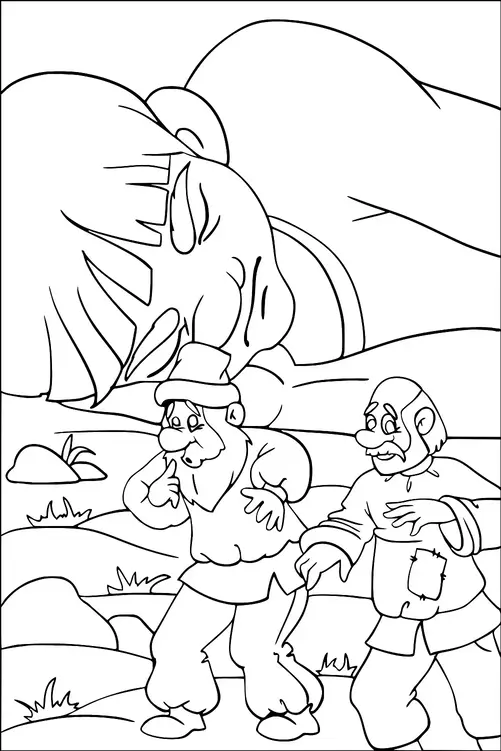 Due personaggi reagiscono con sorpresa mentre un gigante dorme sullo sfondo. L'ambientazione sembra essere all'aperto con rocce e erba. La dimensione del gigante contrasta con le figure più piccole, indicando una scena da una fiaba. Le espressioni dei personaggi suggeriscono un senso di cautela e curiosità.