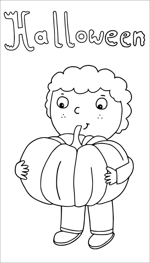 Un niño sostiene una gran calabaza con una expresión juguetona. La palabra "Halloween" está escrita en la parte superior en una fuente festiva. El niño tiene el cabello rizado y viste ropa sencilla. Su expresión es alegre y atractiva.