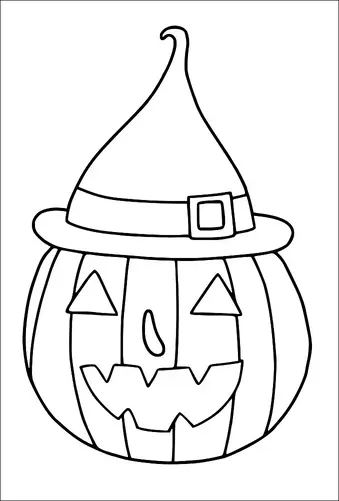 Una zucca intagliata con un volto sorridente è sormontata da un cappello da strega appuntito con una fibbia. La zucca ha occhi a forma di triangolo e una bocca frastagliata, dandole l'aspetto classico di una lanterna di Jack. Il cappello ha una curva capricciosa sulla punta. Questa rappresentazione è perfetta per i temi di Halloween.