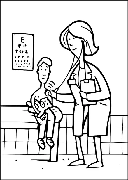 Un médico está utilizando un estetoscopio para escuchar el pecho de un niño mientras el niño se sienta en una mesa de examen sosteniendo un oso de peluche. Una tabla de agudeza visual es visible en la pared detrás de ellos. El médico está sonriendo y sosteniendo un portapapeles. El escenario sugiere un chequeo médico en el consultorio de un médico.