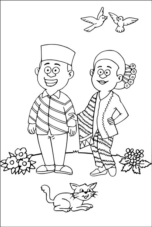 Un couple souriant en tenue traditionnelle se tient ensemble, la femme tenant le bras de l'homme. Deux oiseaux volent au-dessus d'eux, et un chat est allongé sur le sol à proximité. Il y a des fleurs de chaque côté du couple. La scène dégage une atmosphère joyeuse et paisible.