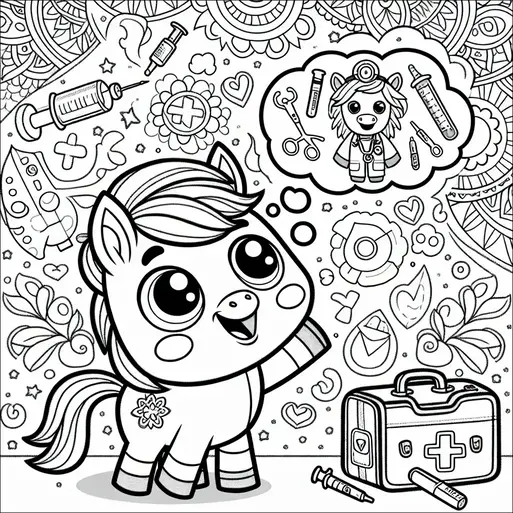 Un alegre pony con una flor en su costado se imagina a sí mismo como un médico, rodeado de herramientas médicas como un estetoscopio y una jeringa. En el fondo, hay una variedad de patrones caprichosos que incluyen estrellas, corazones y flores. También se representan en el suelo una bolsa de médico y una jeringa. El pony parece entusiasta y lleno de sueños de convertirse en médico.