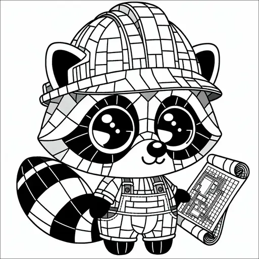 Un personaje de mapache está vestido con ropa de trabajador de la construcción, incluyendo un casco de seguridad y overoles. Sostiene un plano enrollado bajo un brazo. Sus grandes y redondos ojos le dan una apariencia expresiva. El plano muestra un simple plano de planta.
