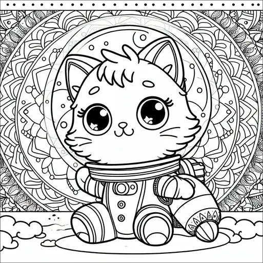 Un gattino dei cartoni animati è vestito da astronauta, seduto su uno sfondo dettagliato di mandala. Il gattino ha grandi occhi espressivi e indossa una tuta spaziale con un casco. Tra le sue zampe, tiene un piccolo razzo. Il terreno è decorato con nuvole e intricati disegni.