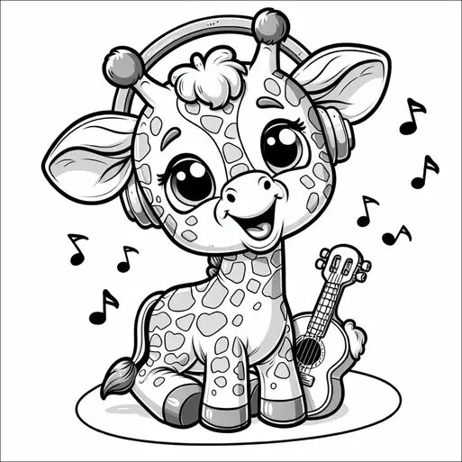 Un alegre dibujo animado de una jirafa está sentado con auriculares, rodeado de notas musicales. Tiene un ukelele a su lado y manchas en forma de corazón en su cuerpo. La jirafa parece estar disfrutando de la música. Su expresión facial es alegre y atractiva.