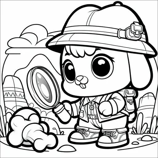 Un personaggio dei cartoni animati che assomiglia a un cane detective sta esaminando un grosso osso con una lente d'ingrandimento. Il personaggio è vestito con un abito da esploratore, completo di cappello e zaino. Lo sfondo consiste in un paesaggio collinare con nuvole nel cielo. L'ambientazione suggerisce un tema avventuroso o di risoluzione di misteri.