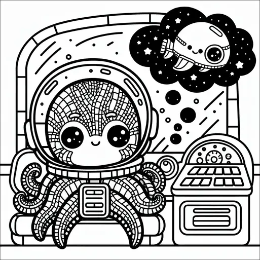 Una simpática pulpo vistiendo un traje espacial se sienta en la cabina de una nave espacial. Está mirando por una ventana donde se representa una pequeña nave espacial en una burbuja de pensamiento con estrellas a su alrededor. El pulpo parece alegre y está rodeado de varios paneles de control. La escena sugiere una aventura interestelar con un enfoque en el pulpo como astronauta.
