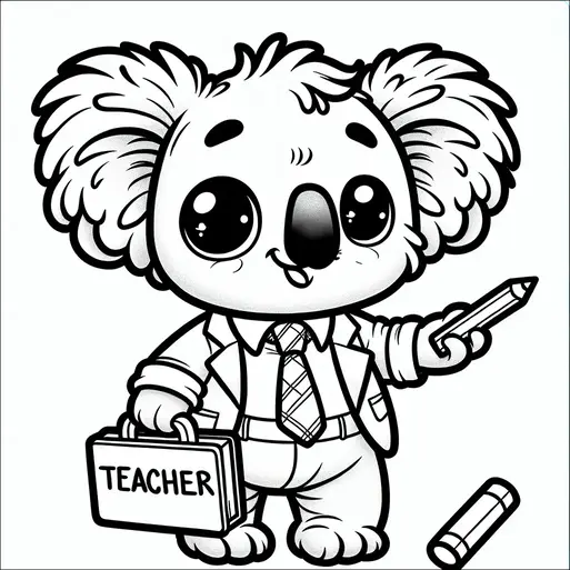 Un koala vestido con traje y corbata sostiene un lápiz y un maletín etiquetado como "Profesor". El koala tiene ojos grandes y expresivos y una sonrisa amigable. Un trozo de tiza se encuentra cerca. El ambiente general es alegre y educativo.