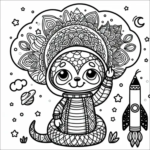 Un perezoso de dibujos animados vistiendo un traje espacial está saludando, rodeado de patrones intrincados y elementos celestiales como estrellas y un cohete. El casco del perezoso tiene diseños detallados que se asemejan a mandalas. Un pequeño planeta y nubes flotan cerca, añadiendo al tema espacial. Toda la escena es juguetona e imaginativa.