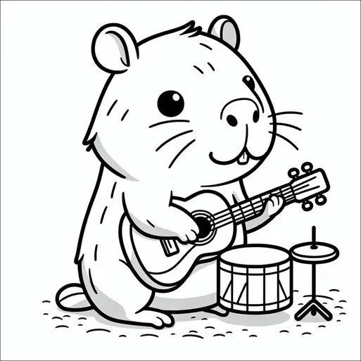 Un simpático hámster está tocando una guitarra junto a un tambor y un platillo. El hámster está sentado erguido, con una expresión alegre en su rostro. Los instrumentos están dispuestos de manera ordenada, sugiriendo una actuación musical. La escena en general es encantadora y musical.