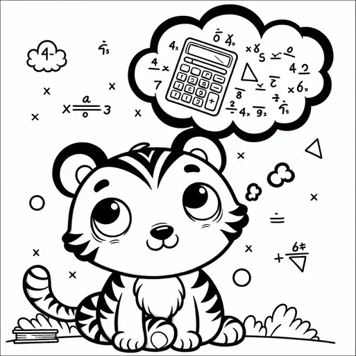 Un giovane cucciolo di tigre siede con un'espressione pensierosa, circondato da simboli matematici ed equazioni. Sopra la sua testa c'è una bolla di pensiero che mostra una calcolatrice e altri problemi matematici. Accanto a lui c'è una piccola pila di libri, e varie forme geometriche fluttuano intorno. La scena suggerisce che il cucciolo sta contemplando o imparando la matematica.