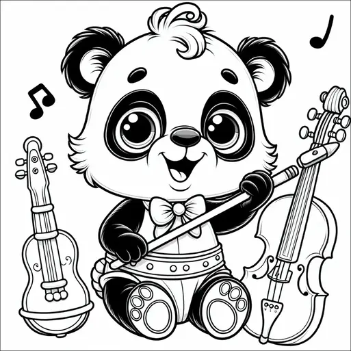 Un panda allegro sta suonando un violoncello mentre è seduto a terra. Il panda indossa un papillon e bretelle, e note musicali fluttuano intorno, aggiungendo un senso di musica alla scena. Accanto al panda, c'è una chitarra in posizione verticale. Il panda ha grandi occhi e un'espressione gioiosa.