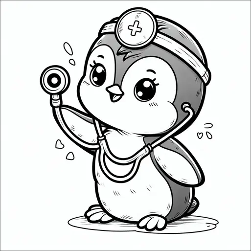 Un pingüino alegre está vestido como un médico, llevando una lámpara de cabeza con una cruz médica y sosteniendo un estetoscopio. Parece entusiasta y listo para ayudar, mostrando una expresión de cuidado. Pequeñas formas de corazón son visibles alrededor del pingüino, añadiendo un toque de calidez. La pose sugiere que está escuchando o hablando activamente.