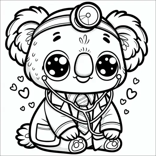 Un koala è vestito da dottore, indossa un camice e tiene un stetoscopio. Ha grandi occhi luccicanti e un'espressione allegra. Piccoli simboli a forma di cuore sono sparsi intorno al koala. Le orecchie del koala sono soffici, a complemento del suo aspetto amichevole.