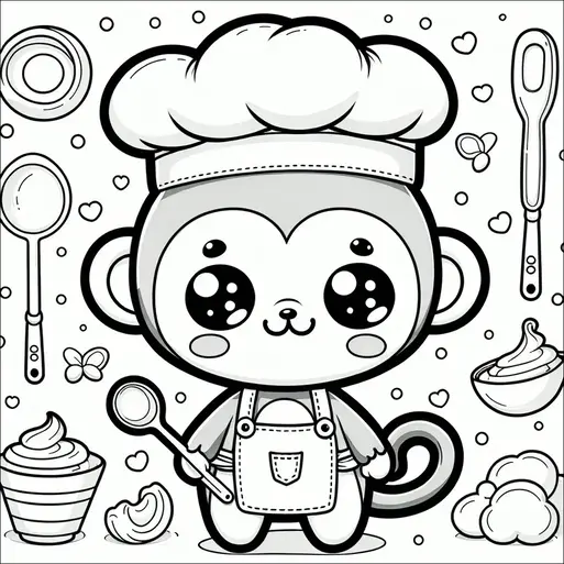 Un mono adorable vestido de chef sostiene una cuchara y se encuentra rodeado de utensilios de cocina e ingredientes para hornear. Lleva un gran sombrero de chef y tiene una expresión alegre. Varios elementos de repostería, como un tazón para mezclar y cupcakes, están esparcidos en el fondo. Pequeños motivos de corazones y mariposas añaden detalles juguetones a la escena.
