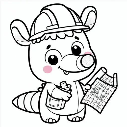 Un armadillo de dibujos animados lleva un casco de obrero. Tiene un plano en una mano y un lápiz en la otra. El armadillo tiene una expresión alegre con mejillas rosadas. Su cola es a rayas y sus ojos son grandes y expresivos.