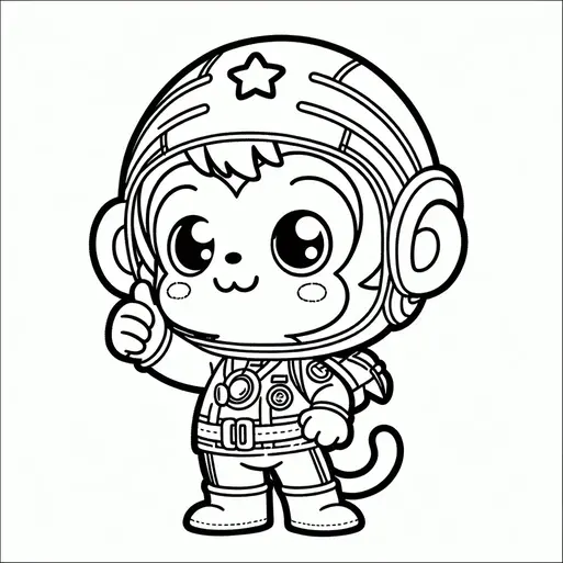 Un mono de dibujos animados lleva un traje de astronauta y hace un gesto de aprobación con el pulgar. Tiene una estrella en su casco y equipo detallado en su traje. El mono tiene ojos grandes y expresivos y una pequeña mochila. Su cola es visible detrás del traje.