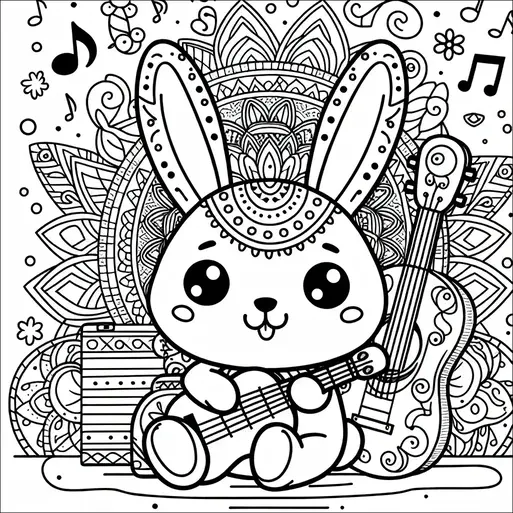 Un coniglio che tiene una piccola chitarra è circondato da intricati motivi mandala. Note musicali e simboli fluttuano intorno, arricchendo il tema musicale. Lo sfondo è riempito con disegni simmetrici elaborati e una chitarra a grandezza naturale. Elementi floreali arricchiscono ulteriormente la scena.