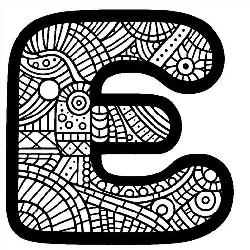 Una grande e audace lettera "E" è riempita con intricati modelli composti da spirali, punti e forme geometriche. Lo sfondo all'interno della lettera è lasciato bianco, creando un forte contrasto con i contorni neri dei disegni. Le varie forme all'interno della lettera le conferiscono un aspetto dinamico e texturizzato. Questo design crea un elemento visivo coinvolgente con un mix di simmetria e forme astratte.