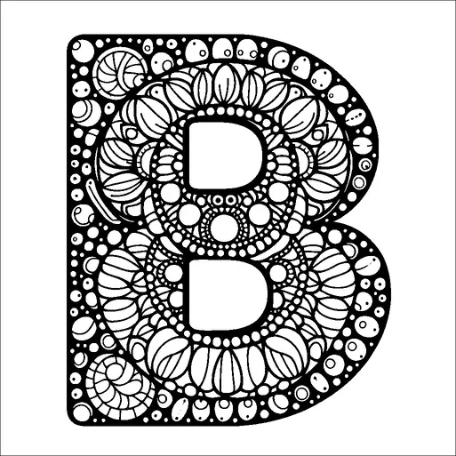 Una grande e intricata lettera "B" è riempita con vari motivi e forme astratte. Il design include cerchi, spirali e altre forme geometriche, creando un aspetto complesso e dettagliato. I motivi sono distribuiti uniformemente in tutta la lettera, conferendole un aspetto simmetrico ed equilibrato. L'opera d'arte complessiva ha un aspetto armonioso e decorativo.
