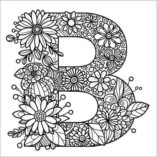 Una grande lettera "B" è intricatamente riempita con una varietà di fiori e foglie dettagliati. L'arrangiamento floreale include margherite, motivi floreali circolari e gemme intrecciate in tutto il corpo della lettera. Il design crea un armonioso connubio tra natura e tipografia. Il modello è complesso, offrendo un'esplorazione artistica degli elementi botanici.