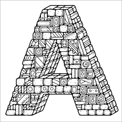 Una grande lettera "A" è composta da varie forme rettangolari e circolari, che le conferiscono un aspetto a blocchi, simile a un mosaico. Ogni forma ha diversi motivi, come strisce e punti, che aggiungono texture. L'organizzazione delle forme forma una struttura coesa che mantiene la forma generale della lettera "A". Il design è intricato e visivamente coinvolgente.