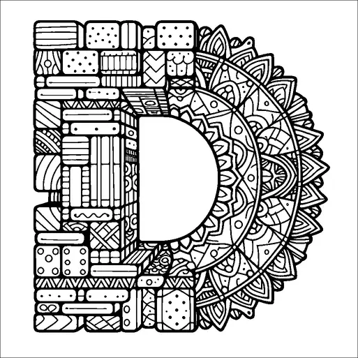 Una grande lettera D è intricatamente progettata con vari motivi e forme geometriche che ne riempiono la forma. Il lato sinistro è composto da segmenti rettangolari e quadrati con diverse texture, come righe e punti. A destra, un semicerchio di disegni simili a mandala si irradia verso l'esterno con motivi floreali e circolari. Il design complessivo combina simmetria e complessità in entrambe le metà della lettera.