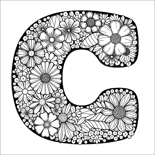 Una grande lettera "C" è riempita con un intricato modello di vari fiori e foglie. I fiori variano in dimensione e tipo, creando un denso arrangiamento floreale che copre l'intera lettera. Lo sfondo è lasciato vuoto, enfatizzando i dettagliati disegni floreali. La composizione crea un armonioso mix di elementi naturali all'interno della forma strutturata della lettera.
