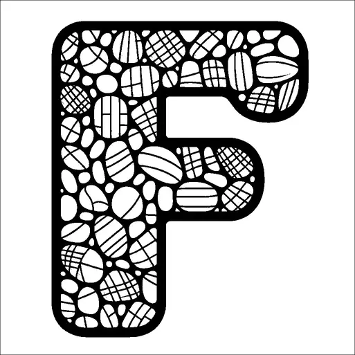 Una grande lettera "F" è intricatamente riempita con pietre di varie forme. Ogni pietra ha modelli unici come strisce e griglie. Il design appare come un mosaico di elementi decorativi in pietra che riempiono la forma della lettera. Le pietre sono strettamente impacchettate, creando un aspetto testurizzato.