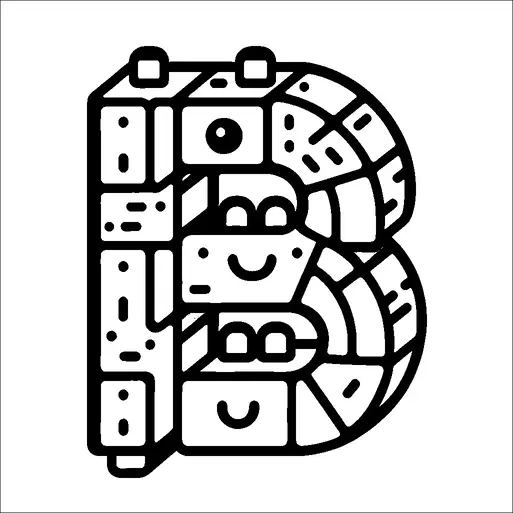 La letra "B" está diseñada utilizando formas y patrones geométricos, incorporando diversas expresiones faciales. La letra está construida a partir de una serie de formas conectadas, incluyendo círculos y rectángulos. Se pueden ver caras sonrientes dentro del diseño, añadiendo un elemento lúdico. La composición general da la impresión de un personaje alegre y abstracto.