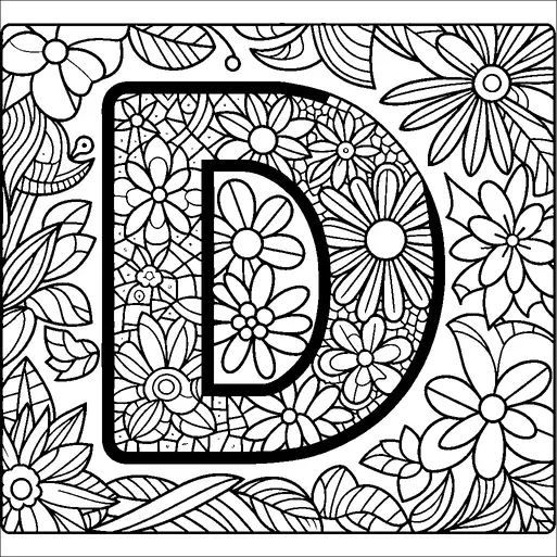 Una grande lettera "D" è circondata da un intricato motivo floreale. Il design include vari tipi di fiori e foglie, creando un bordo decorativo densamente riempito. I motivi floreali sono dettagliati, con petali e foglie che riempiono lo spazio attorno e all'interno della lettera. La composizione è simmetrica ed equilibrata, enfatizzando la bellezza della natura intrecciata con la lettera.