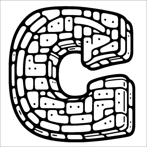 Una grande lettera "C" stilizzata è raffigurata con un motivo a mattoni, composto da varie forme e linee. Ogni mattone all'interno della lettera ha piccoli fori circolari, che aggiungono texture e profondità. Il design crea un aspetto giocoso e cartoonesco. L'effetto complessivo è dinamico e accattivante, attirando l'attenzione sul motivo unico all'interno della forma della lettera.