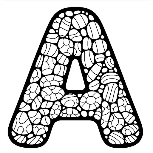 Una grande lettera "A" è riempita con un intricato modello di vari sassi e pietre. Queste pietre variano in dimensione e forma, creando un aspetto testurizzato e dettagliato. Il contorno della lettera è audace, che contrasta con il complesso design interno. Questa interpretazione artistica della lettera le conferisce un aspetto unico e visivamente interessante.