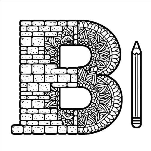 Eine große Buchstabe "B" ist auf der linken Seite mit einem Ziegelsteinmuster und auf der rechten Seite mit komplizierten Blumenmustern dargestellt. Neben dem Buchstaben befindet sich eine detaillierte Zeichnung eines Bleistifts. Die Blumenmuster sind sehr verziert und gehen nahtlos in die geraden Linien des Buchstabens über. Die Kombination der Texturen verleiht dem Bild eine ausgewogene und künstlerische Atmosphäre.