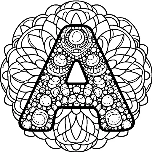Una grande e ornata lettera "A" è adornata con modelli intricati, tra cui cerchi e altre forme geometriche. Intorno alla lettera c'è un dettagliato motivo floreale a forma di petalo. Il design complesso enfatizza simmetria e ripetizione. Nel complesso, la composizione fonde la tipografia con l'arte decorativa astratta.