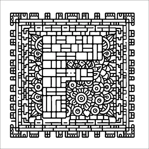 Un intricado patrón forma la letra "F" dentro de un marco cuadrado. El diseño incluye formas geométricas y círculos que crean un efecto de mosaico. El borde está embellecido con motivos rectangulares, mejorando la simetría general.