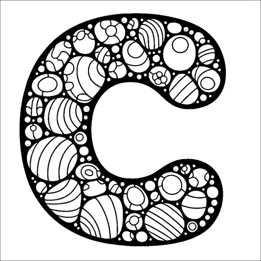 Una grande lettera "C" è riempita con numerose forme circolari e ovali, ognuna contenente vari intricati motivi a linee. Il design crea un aspetto astratto e artistico con motivi geometrici ripetitivi. Le forme variano in dimensione, creando un senso di profondità e texture all'interno della lettera. Questo design funge sia da elemento decorativo che da esplorazione visiva della forma.