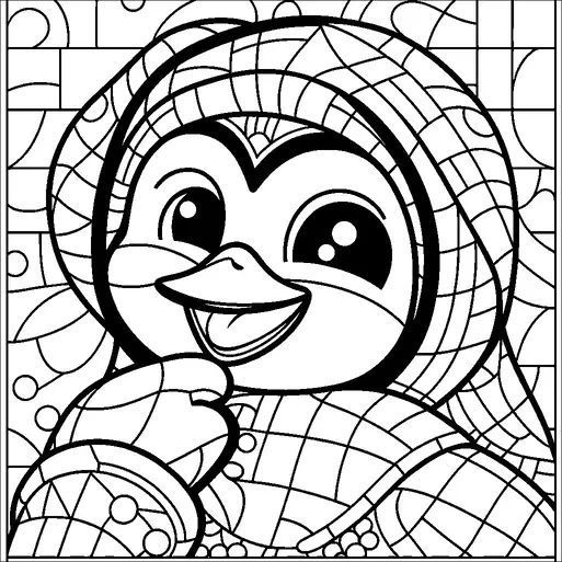 Un pinguino allegro è ben vestito con un cappello invernale e una sciarpa, sorride con le sue pinne alzate vicino al viso. Lo sfondo è riempito con motivi geometrici e cerchi, aggiungendo un tocco giocoso e intricato. I grandi occhi e il becco del pinguino gli danno un aspetto adorabile. La scena suggerisce un tema invernale con un senso di gioia e calore.