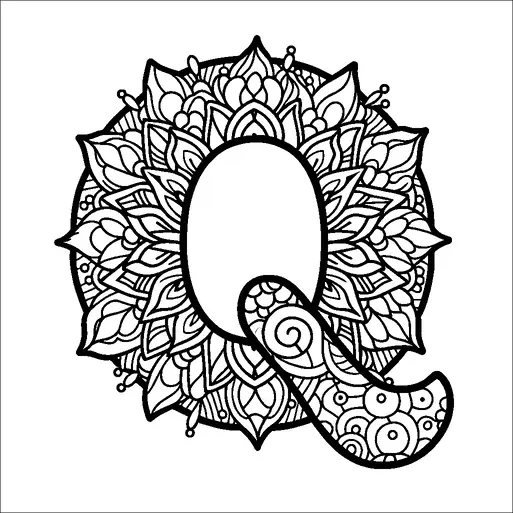 Una lettera "Q" progettata in modo intricato è adornata con dettagliati motivi floreali e a foglia che la circondano. Il design circolare contiene elementi simmetrici con una combinazione di petali, foglie e altre forme ornamentali. La parte interna della lettera presenta vari motivi a spirale e circolari. L'opera d'arte appare altamente decorativa, concentrandosi su disegni complessi e ornamentali per migliorare l'attrattiva visiva.
