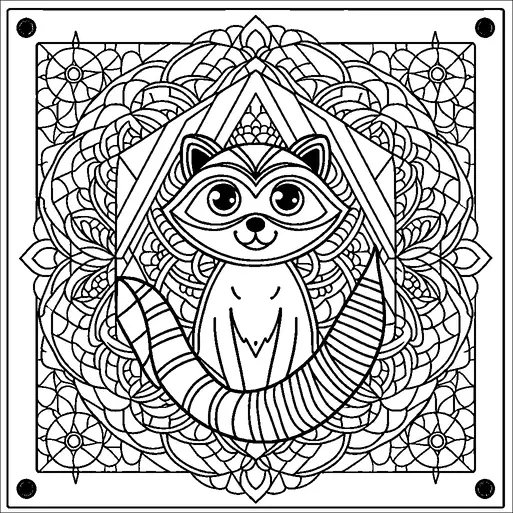 Un mapache con grandes ojos y una cola rayada se sienta en el centro, rodeado de patrones intrincados que forman un diseño similar a un mandala. El mapache se representa con una expresión amigable. El fondo consta de varias formas geométricas y motivos florales, añadiendo complejidad al diseño general. Las características distintivas del mapache se destacan en medio del detallado fondo.