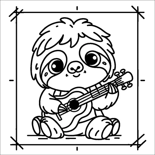 Un simpático perezoso está sentado tocando una guitarra, con una expresión amigable en su rostro. El perezoso tiene ojos grandes y pelo ligeramente despeinado, lo que añade a su encantadora apariencia. Sostiene la guitarra con ambas patas, sugiriendo un momento relajado y agradable. La escena está enmarcada de manera simple, enfatizando al perezoso y su actividad musical.