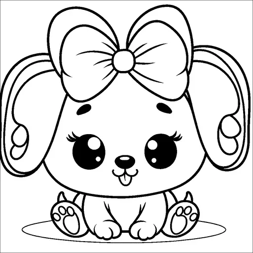 Un adorable cachorro de dibujos animados está sentado con grandes ojos brillantes y orejas caídas. Tiene un gran lazo en su cabeza, lo que le da una apariencia adorable. El cachorro tiene un pequeño mechón de pelo y está sacando la lengua de manera juguetona. Sus patas son visibles, mostrando pequeñas almohadillas de patas.