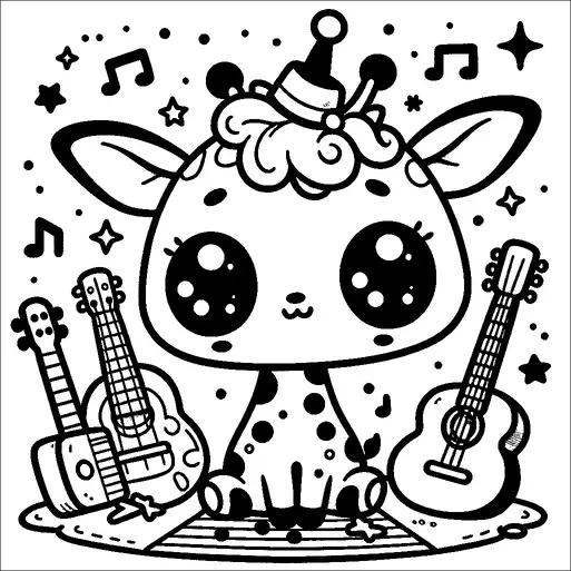 Una linda jirafa con grandes ojos expresivos está sentada entre dos guitarras. La jirafa lleva un pequeño sombrero festivo adornado con una cinta o volantes. Las notas musicales y estrellas están esparcidas alrededor, añadiendo un ambiente caprichoso y alegre. La escena sugiere una celebración con un tema musical.