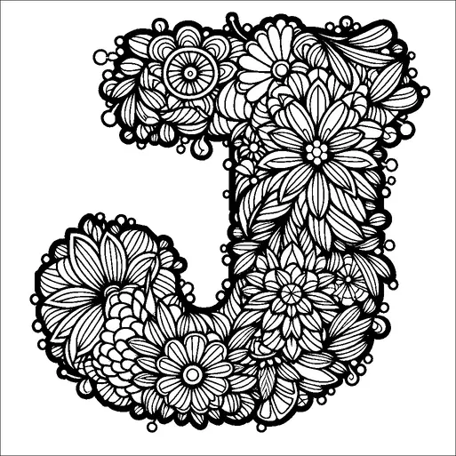 Una grande lettera J è progettata in modo intricato con una varietà di motivi floreali. I fiori e le foglie sono dettagliati, riempiendo completamente la lettera. Il design è simmetrico e include diversi tipi di fioriture con petali circolari ed allungati. La composizione è ornata, creando un senso di eleganza e complessità.