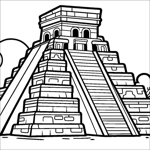 Una gran estructura de pirámide escalonada con prominentes escaleras y elementos de diseño cuadrados domina la escena. La pirámide se asemeja a la arquitectura maya o azteca antigua, rodeada de contornos simples que representan vegetación. La estructura tiene múltiples niveles que conducen a una parte superior plana con pequeñas ventanas o entradas visibles. Se representa en un entorno que sugiere un contexto antiguo o histórico.