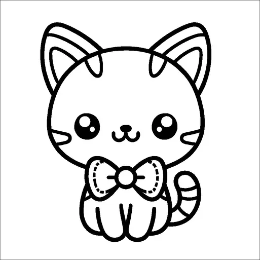 Un gatto dei cartoni animati carino è seduto con un grande fiocco attorno al collo. Il gatto ha grandi occhi rotondi, orecchie appuntite e piccole strisce sul viso e sul corpo. Le sue zampe sono raccolte ordinatamente sotto il suo corpo e ha una coda riccia. L'espressione sul suo viso è amichevole e giocosa.