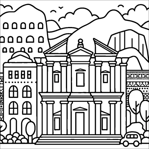 Un paesaggio che mette in mostra una grandiosa struttura architettonica con colonne e frontoni, che ricorda rovine antiche o un edificio storico. In primo piano, è visibile un edificio più piccolo con finestre ad arco, accanto a una macchina e ad alcuni alberi. Montagne e colline formano lo sfondo, con occasionali nuvole e uccelli nel cielo. Un ponte intricato è presente sul lato destro, aggiungendo complessità e profondità all'ambientazione.