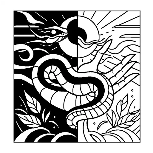 Una serpente stilizzata è in primo piano, intrecciata con un motivo circolare che rappresenta il sole e la luna, indicando un tema di giorno e notte. A sinistra, il design è più scuro con linee fluide e foglie, mentre il lato destro è più luminoso con raggi solari e motivi vegetali più dettagliati. L'immagine contrasta gli elementi di luce e oscurità, simboleggiando l'equilibrio. Il serpente collega visivamente entrambi i lati, unendo i temi notturni e diurni.